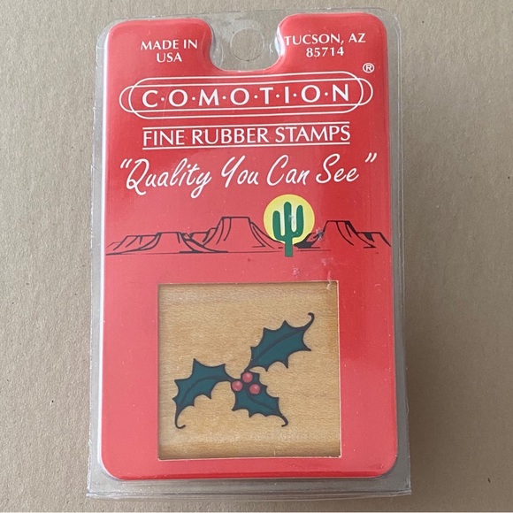 Comotion, Set of 2 Christmas Vintage Wooden Rubber Stamps, Holly Leaf, Snowflake - Picture 2 of 6